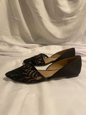 Fioni D'Orsay Pointy Ballet Flats sz 7 M Black Lace w/ Black Satin Heels